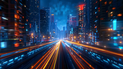 Speed light trails path through smart modern mega city and skyscrapers town with neon futuristic technology background, future virtual reality, motion effect, high speed light