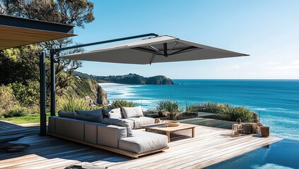Obraz premium An editorial photoshoot for garden and outdoor living, an overhanging square gray patio umbrella