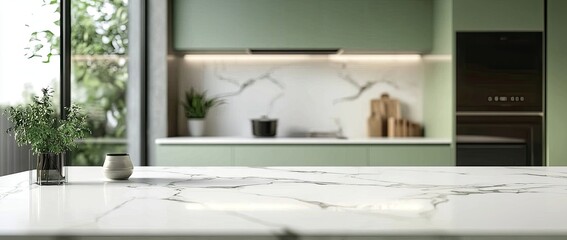 Minimalist blurred background of a white marble countertop with copy space and a blurred modern kitchen interior in a light green color