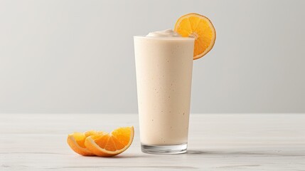 Orange Creamsicle Smoothie in a glass with orange slices on the rim, copy space