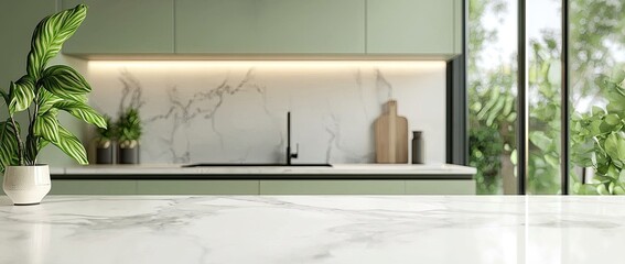 Minimalist blurred background of a white marble countertop with copy space and a blurred modern kitchen interior in a light green color