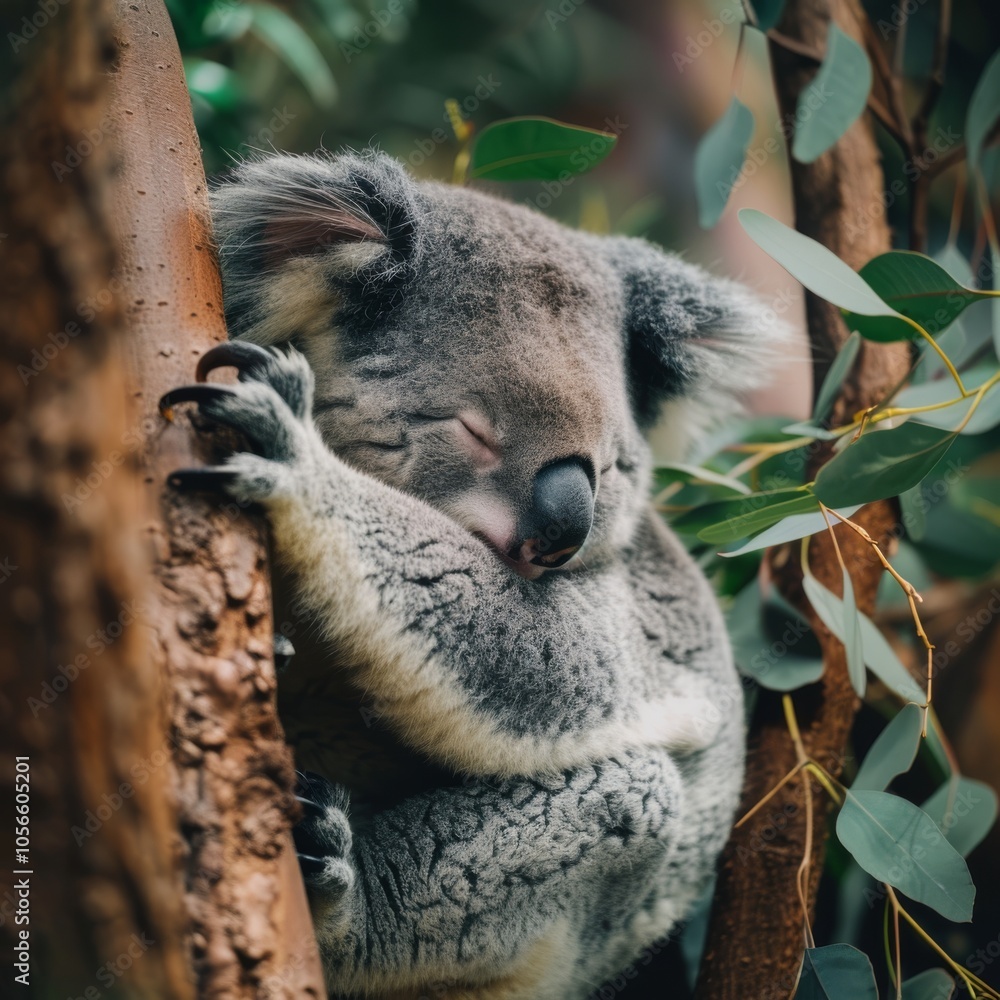 Poster a sleepy koala is resting on a tree branch. concept of calm and relaxation, as the koala appears to 