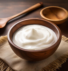 a bowl of fresh yogurt on the table. One type of dairy products.