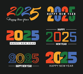 Happy New Year 2025 different designs، Set of Happy New Year greeting text designs Christmas banner poster festive greeting card۔