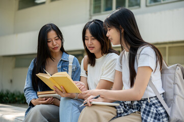 A group of female college students is discussing topics from a book in their college park.