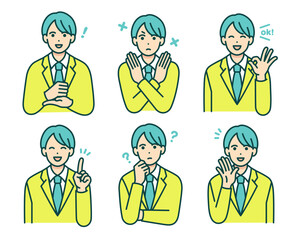 様々な表情の男子高校生。ベクターイラストセット。