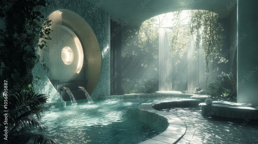 Aufkleber a large, circular pool with a waterfall in the middle. the pool is surrounded by trees and plants, c