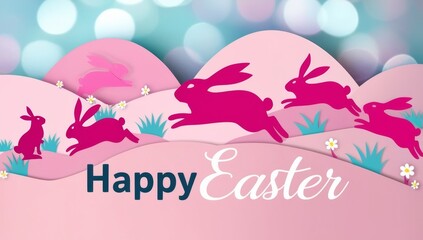 Easter greeting card. Pink silhouettes of bunnies hopping across pastel hills with the text Happy Easter