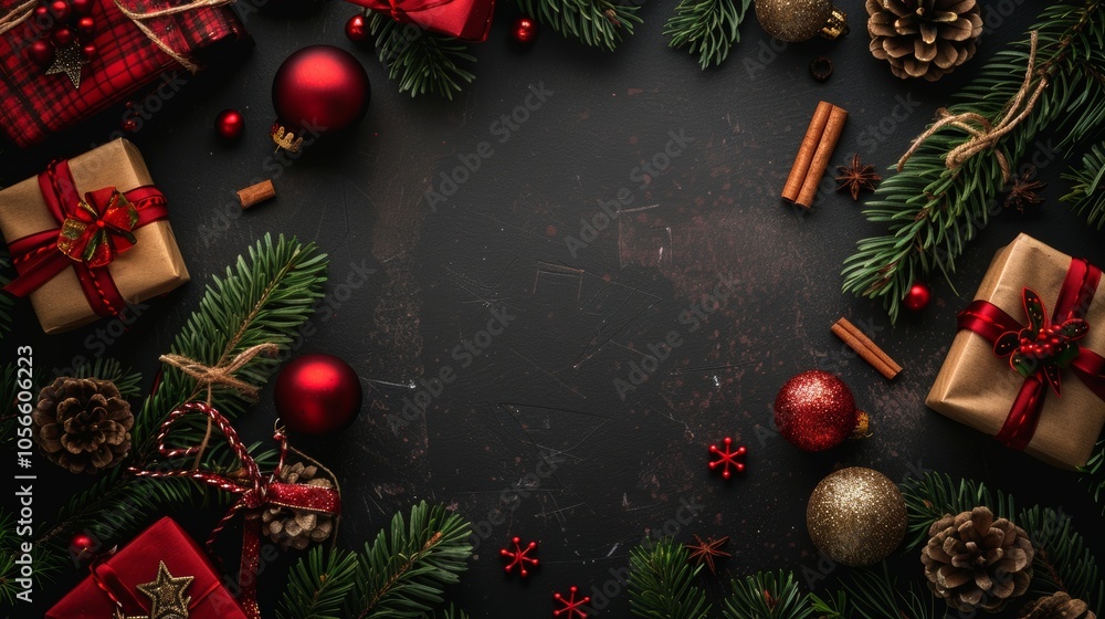 Poster A Christmas tree with a black background and a bunch of red and gold ornaments. There are also two brown boxes with red ribbons on them