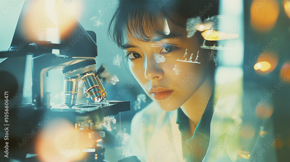 Poster a focused scientist examines samples through a microscope in a modern laboratory setting