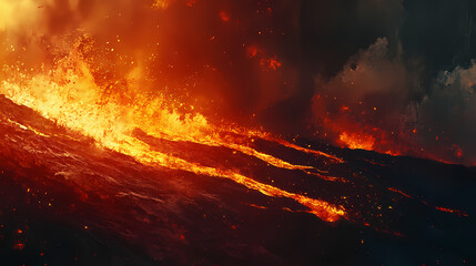 Fototapeta premium Fiery lava flow and steaming river in a volcanic landscape extreme close-up. Lava Flow. Illustration