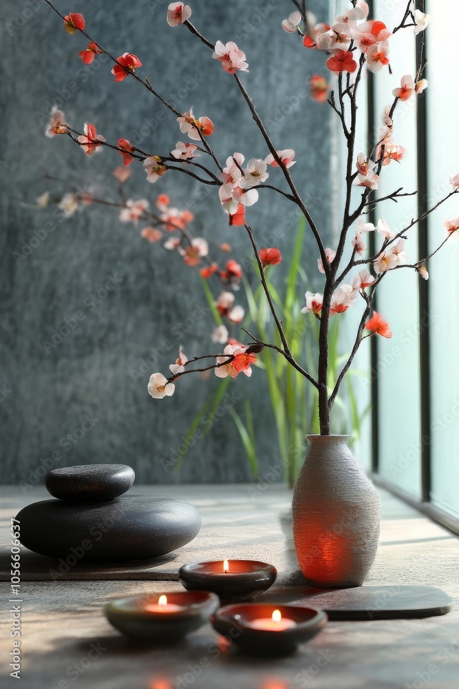 Poster a vase with a tree in it and a few candles