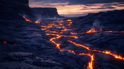 Glowing lava cracks on a dark volcanic rock surface in a surreal landscape at twilight. Lava Flow. Illustration