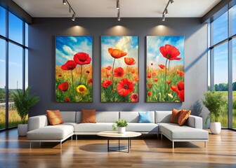 Breathtaking architectural photography showcases a floral spring-summer triptych, highlighting vibrant blooming poppy flowers displayed in an elegant gallery setting 