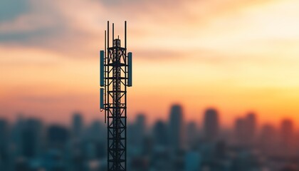 A tall telecommunications tower silhouetted against a vibrant sunset, with city skyscrapers blurred in the background, symbolizing connectivity and technology.