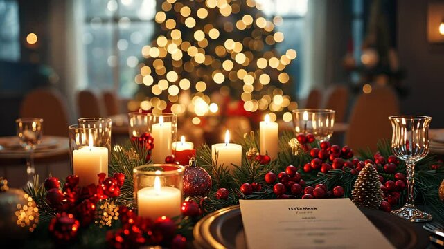 Mockup of a blank holiday menu on a beautifully set Christmas dinner table, with candles, ornaments, and a glowing tree in the background. . Video