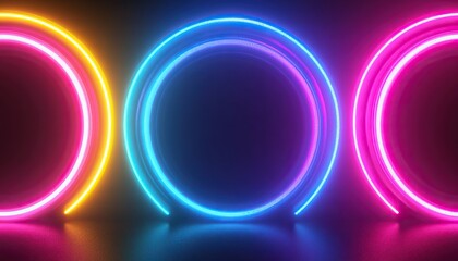 Colorful neon rings glow against a dark background, creating a vibrant, modern aesthetic perfect for digital or nightlife themes.