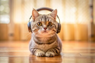 Charming Kawaii cat in headphones lounging on wooden floor, the ultimate music-loving feline. Perfect for cat enthusiasts and fans of adorable aesthetics everywhere!