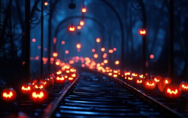 Obraz premium A spooky, atmospheric scene featuring glowing jack-o'-lanterns lining a dark railway surrounded by trees, creating a Halloween vibe.