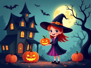 A Cheerful Young Witch Holds a Carved Pumpkin Near a Spooky House Under a Full Moon, Celebrating Halloween Festivities in Autumn
