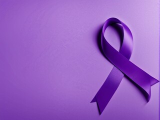 International Epilepsy Day. Purple ribbon on purple background. Alzheimer's disease, Pancreatic cancer, Hodgkin's Lymphoma awareness. World Lupus Day and world cancer. Banner. copyspace