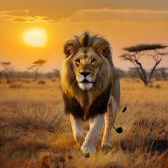 Obraz premium majestic lion roaming the african savannah at sunset