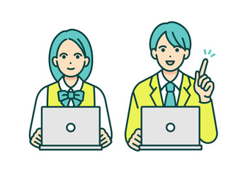 Fototapeta premium パソコンで学習する学生。制服を着た男女のベクターイラストセット。