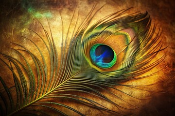Elegant vintage-style photograph showcasing a peacock feather, rich in color and texture, ideal for artistic projects celebrating nature's beauty and intricate patterns.