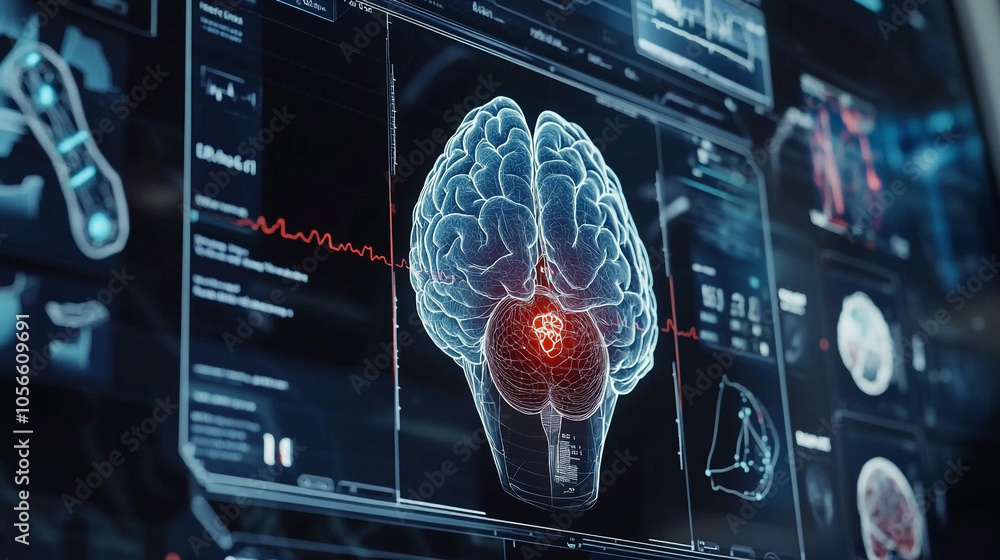 Poster advanced brain imaging technology examining neural activity in a high-tech lab setting