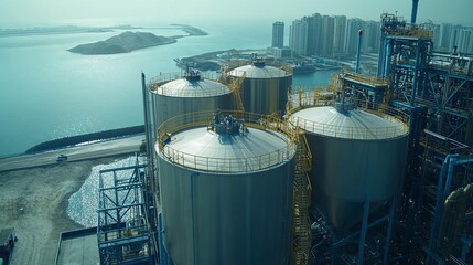 Storage Tanks for Industrial Liquids Rows of massive cylindrical tanks with supporting frameworks, safety railings, and monitoring equipment, displaying the safe containment of materials.