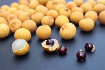 Longan fruit or Dimocarpus longan, on a dark background, with close view.