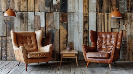 Two Brown Leather Armchairs Against a Rustic Wooden Wall