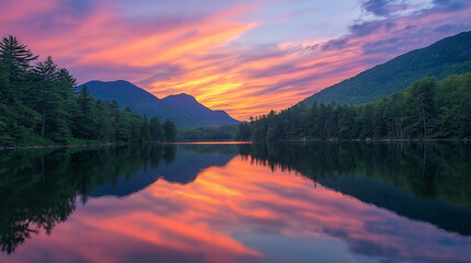 Colorful Sunset Reflected on a Calm Lake, featuring a dramatic sky with shades of orange, pink, and purple blending together