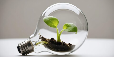 A light bulb with a small plant growing inside, symbolizing eco-friendliness and sustainable energy.