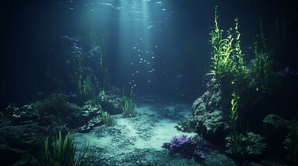 Obraz premium Sunbeams illuminate a mysterious underwater landscape with seaweed, rocks, and sand.