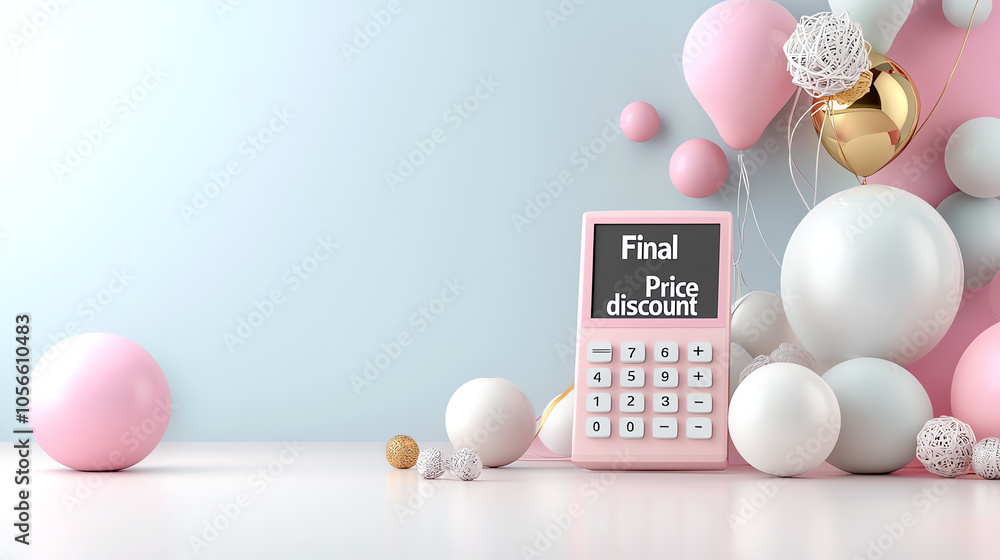 Poster calculating final prices and discounts a creative approach with a calculator surrounded by balloons 