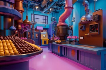 A vibrant and colorful candy factory filled with whimsical machines. The playful design features chocolate creations and a bright pink floor. Perfect for fun visuals. Generative AI