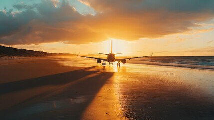 Travel concept with airplane shadow and beach. 