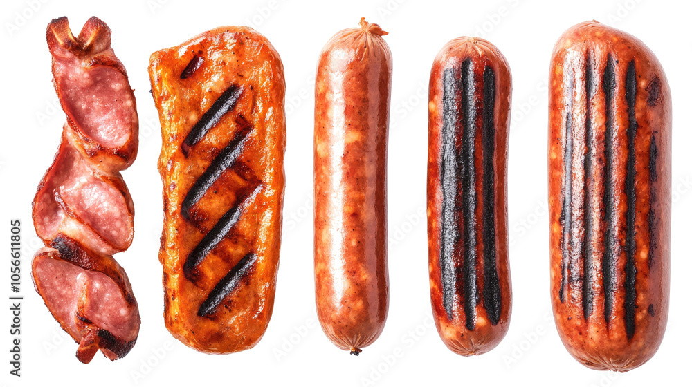 Poster grilled pork sausages arranged on a transparent background generative ai