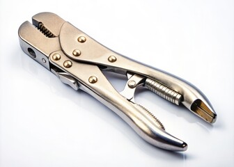 Obraz premium Versatile locking pliers on a white backdrop, ideal for tool photography, DIY tasks, handyman applications, and home improvement. Perfect for stock images and advertisements.