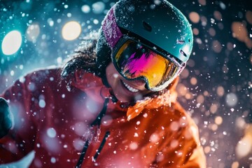 A joyful skier enjoying a night ride in vibrant winter gear. The snow glitters around them creating a magical atmosphere. Adventure awaits on the slopes. Generative AI