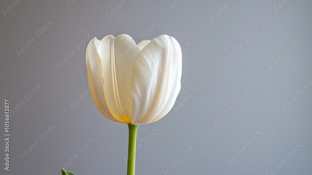 Poster white tulip flower against a soft grey background ample space for text emphasizing a minimalistic de