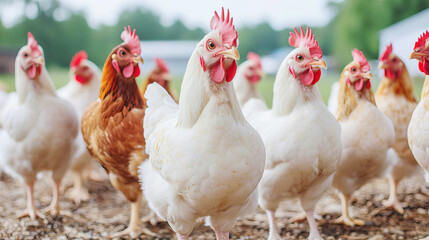 Fototapeta premium A lively flock of chickens, featuring various colors, roaming freely in a farmyard setting, showcasing their vibrant feathers and curious nature.