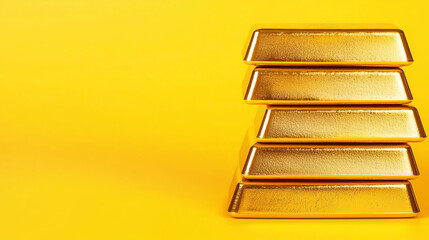 Stack gold bars as rise up stairs on yellow background Gold price increase