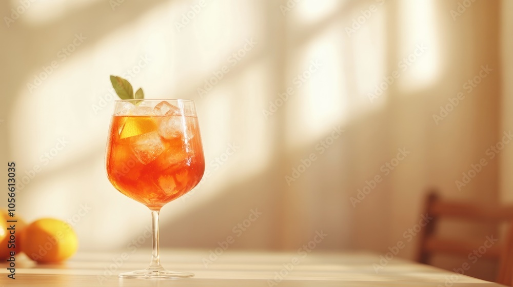 Poster spritz cocktail in a glass placed on a table with ample blank space for text or other elements