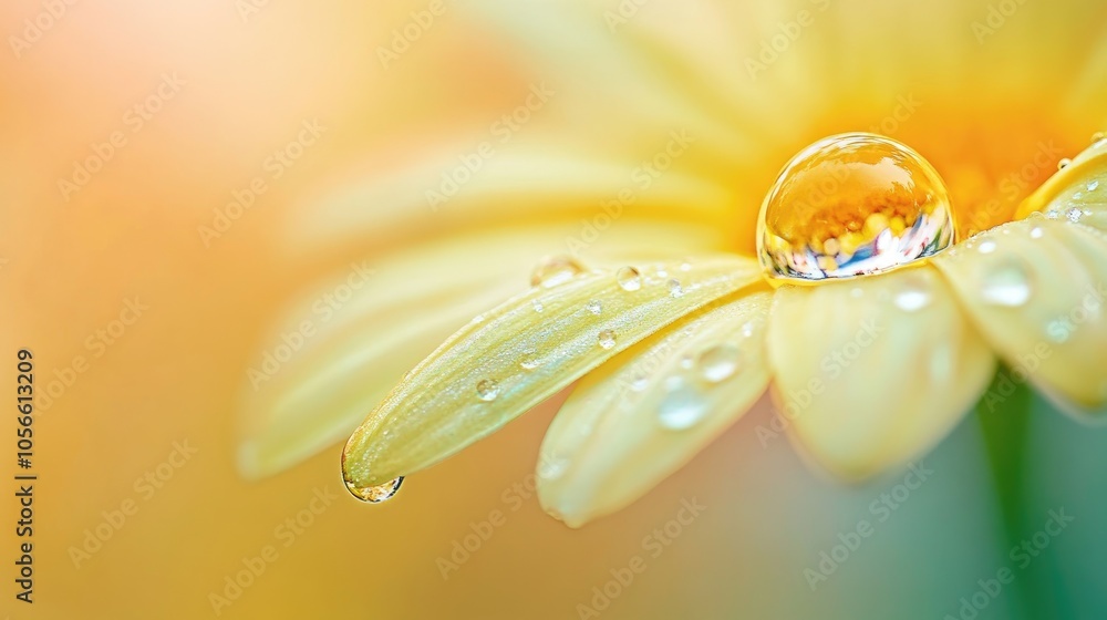 Poster reflection of a flower in a dew drop on a petal close up macro shot of a yellow bloom delicate roman