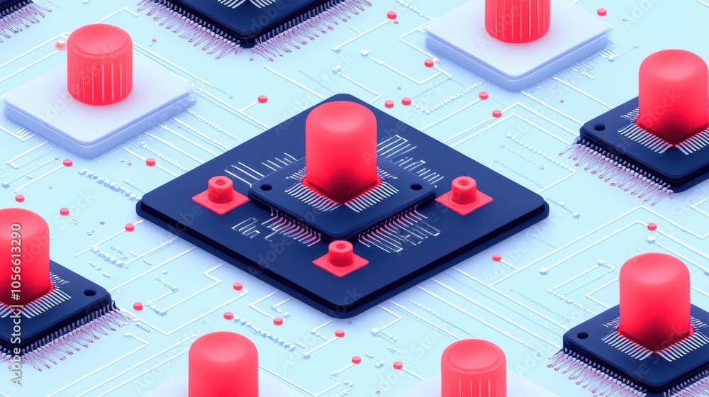 Poster abstract digital circuit design with colorful components on a blue background.