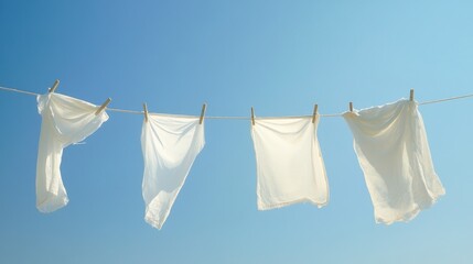 White garments hanging on a clothesline under a clear blue sky