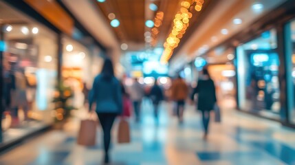 Blurred image capturing a diverse group of individuals shopping in a contemporary retail environment or shopping mall