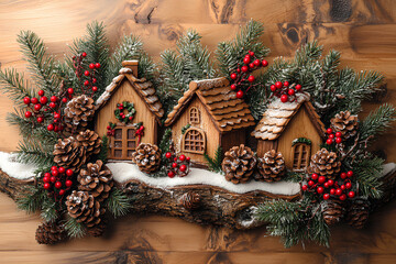 Fototapeta premium 3D rustic Christmas layout with gingerbread, red berries, and pine cones on wood